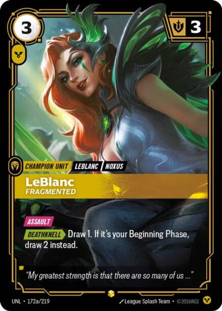 LeBlanc - Fragmented (Alternate Art) (172a/219) - [Unleashed Foil] (Riftbound TCG)