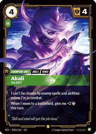 Akali - Silent (Alternate Art) (038a/166) - Vendetta Foil (Riftbound TCG)