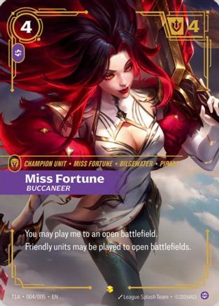 Miss Fortune, Buccaneer (T1 Worlds Champion Player Bundle) (T1A 004/005) - Riftbound Promotional Cards Foil (Riftbound TCG)