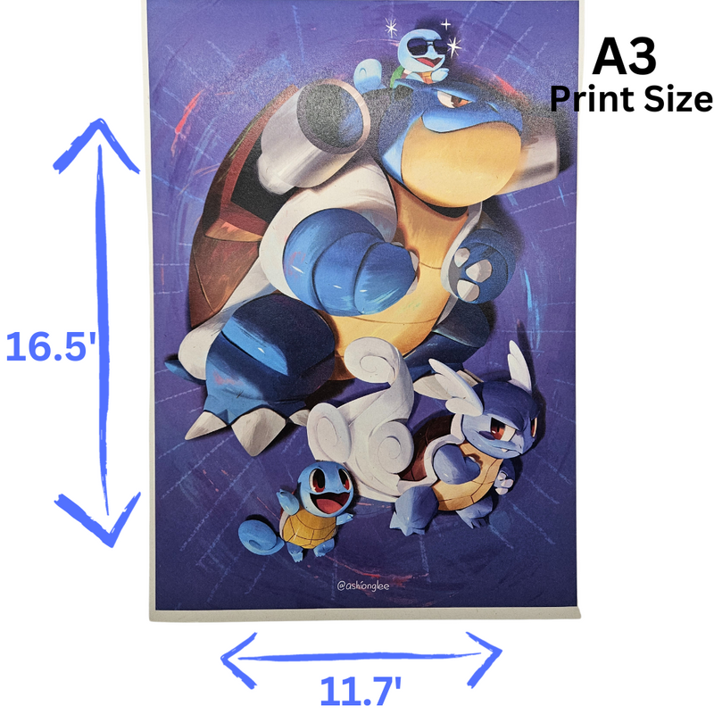 Squirtle, Wartortle & Blastoise Family Pokemon Poster Print